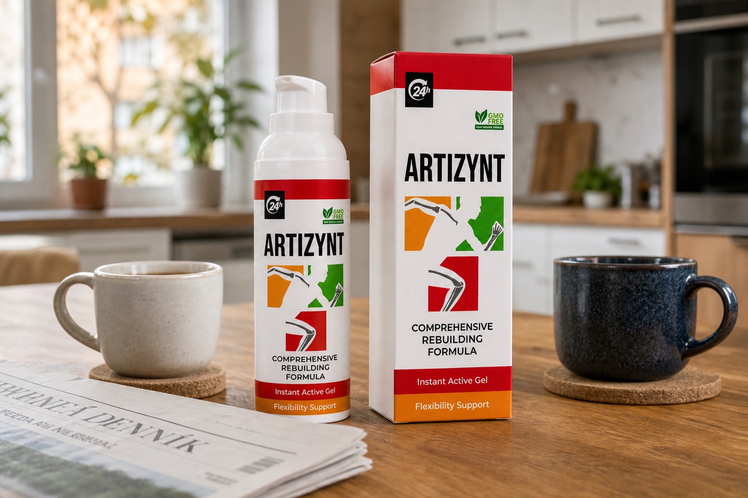 Kartón ArtiZynt a biela pumpa na kuchynskom stole pri dvoch šálkach
